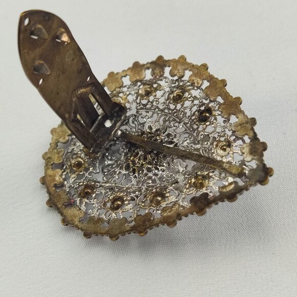 1920's Filigree, Rhinestone & Purple Enamel Flower Fur Clip from Czechoslovakia - Picture 7 of 7